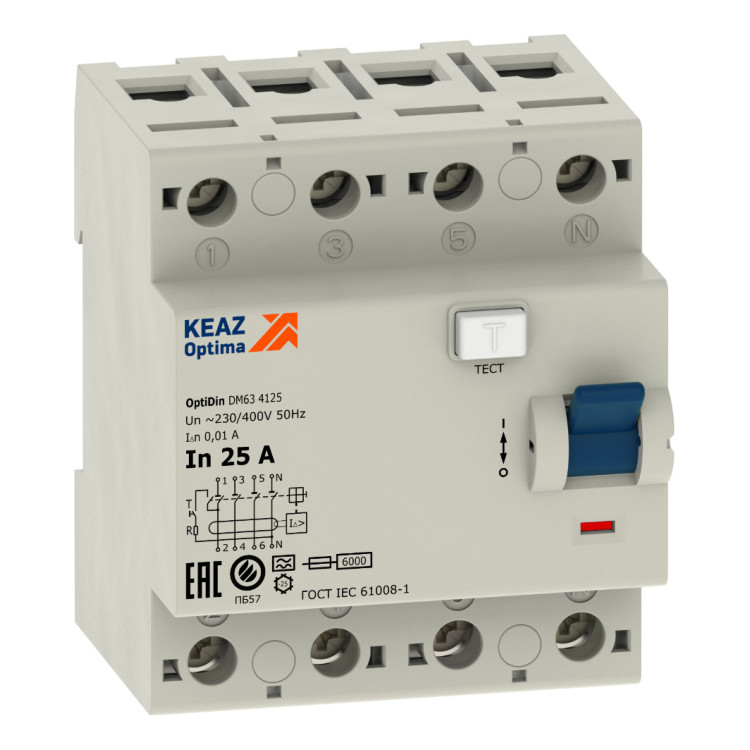 УЗО КЭАЗ OptiDin DМ63 4P 63А 6 кА, 30 мА ( AC ), 254221