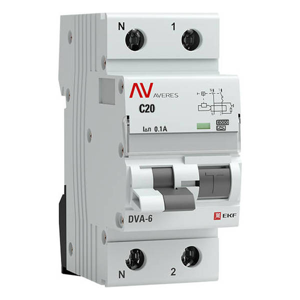 Дифавтомат EKF AVERES 1P+N 20А (C) 6 кА, 100 мА ( A ), rcbo6-1pn-20C-100-a-av