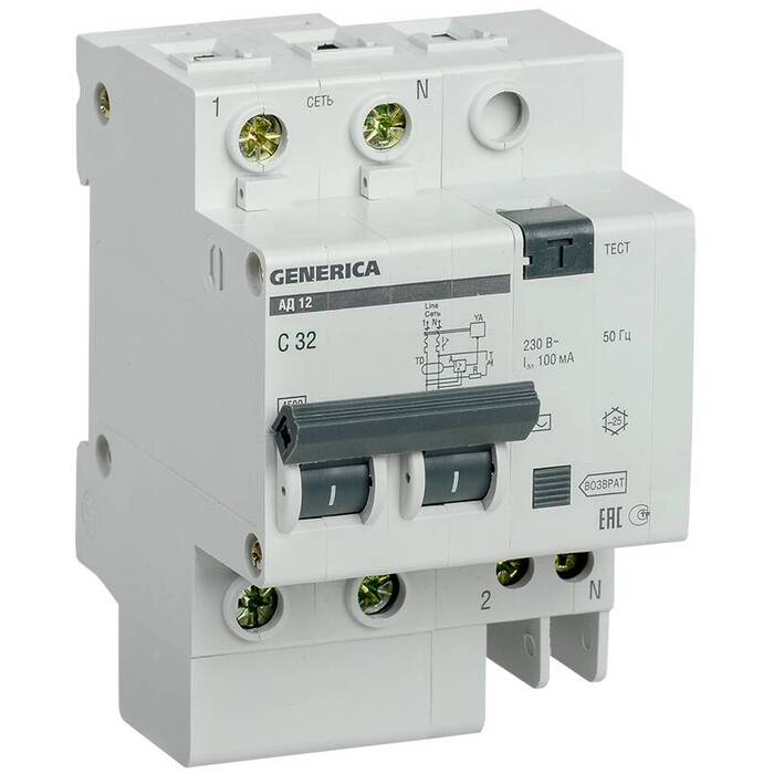 Дифавтомат IEK GENERICA 2P 32А (C) 4.5 кА, 100 мА ( AC ), MAD15-2-032-C-100
