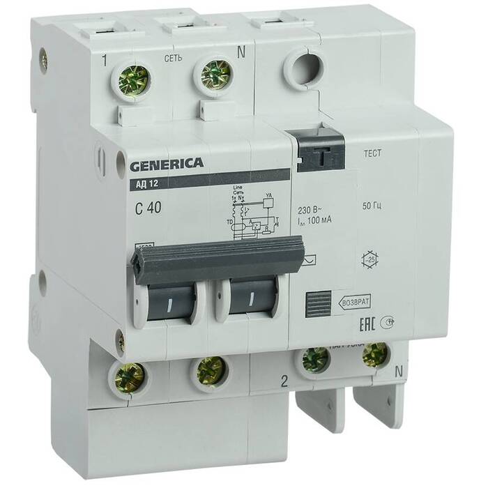 Дифавтомат IEK GENERICA 2P 40А (C) 4.5 кА, 100 мА ( AC ), MAD15-2-040-C-100