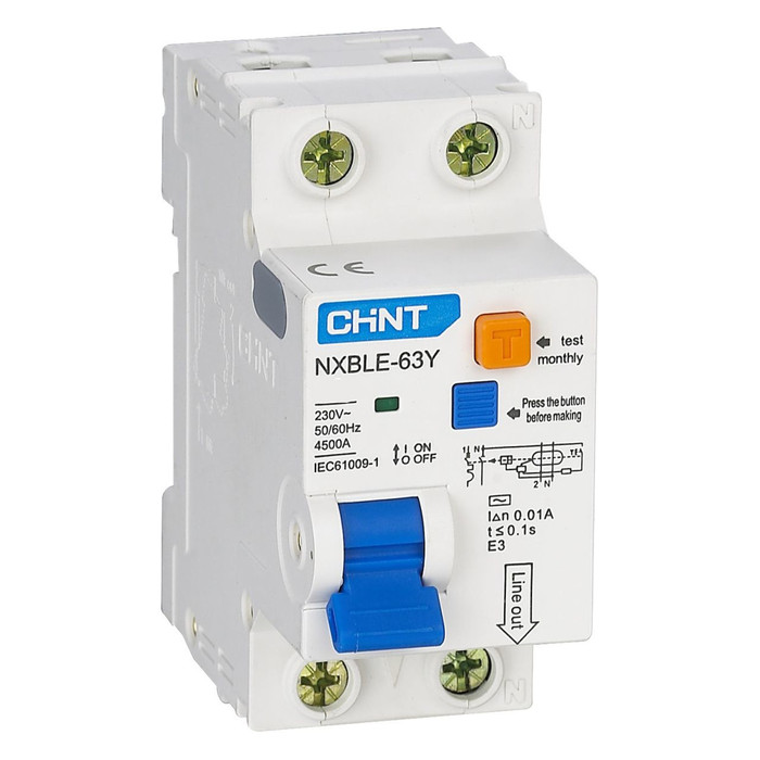 Дифавтомат Chint NXBLE-63Y 1P+N 63А (C) 4.5 кА, 10 мА ( AC ), 105530