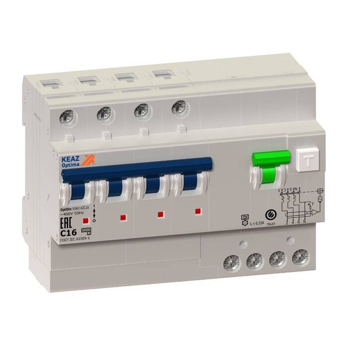 Дифавтомат КЭАЗ OptiDin VD63 4P 32А (C) 6 кА, 100 мА ( A ), 274847
