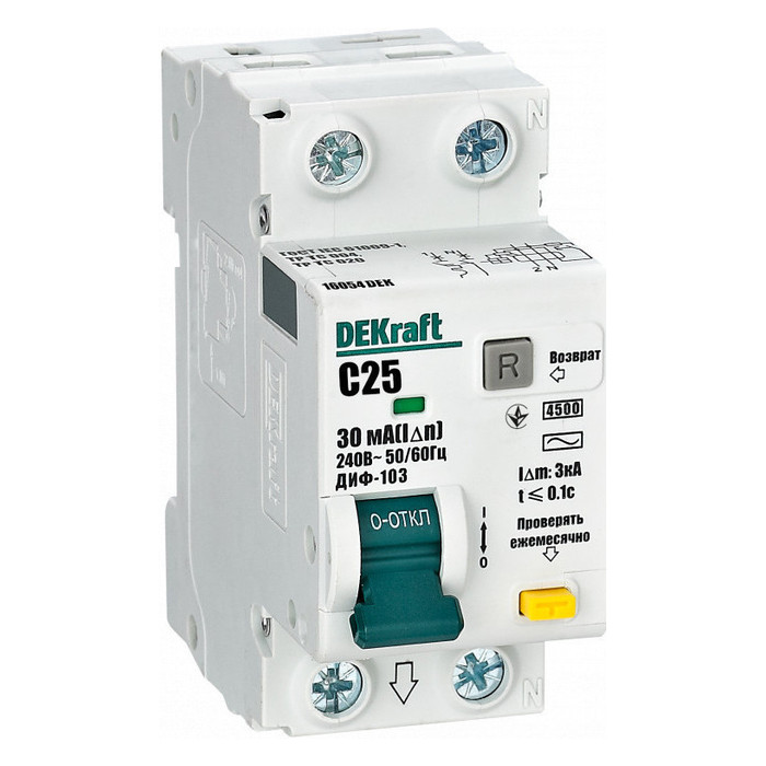 Дифавтомат DEKraft ДИФ-103 1P+N 25А (C) 4.5 кА, 30 мА ( AC ), 16054DEK
