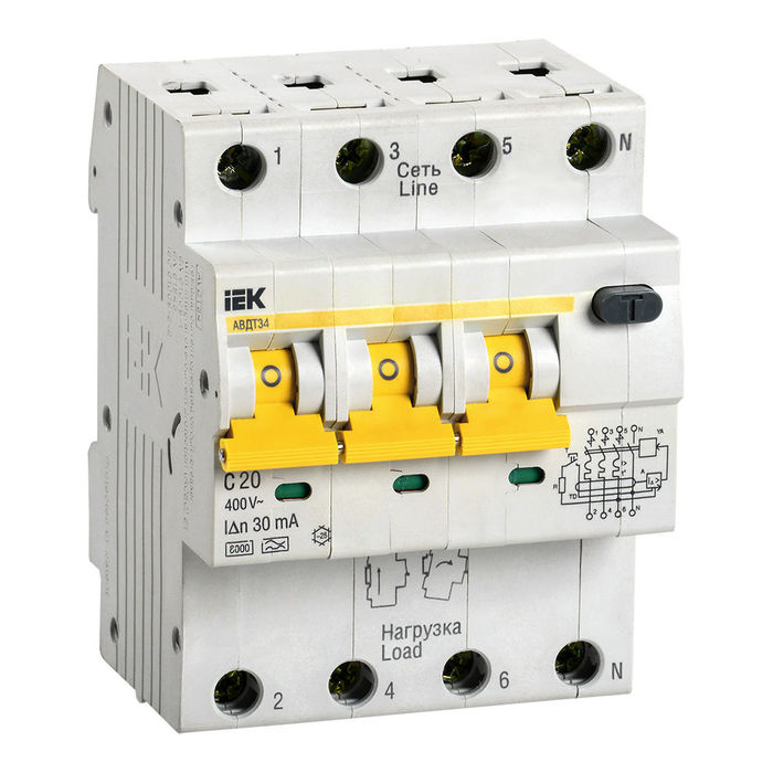 Дифавтомат IEK АВДТ 34 3P+N 20А (C) 6 кА, 30 мА ( A ), MAD22-6-020-C-30