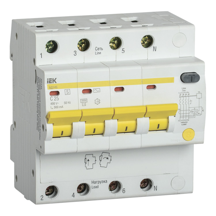 Дифавтомат IEK АД14S 4P 25А (C), 300 мА ( S ), MAD13-4-025-C-300