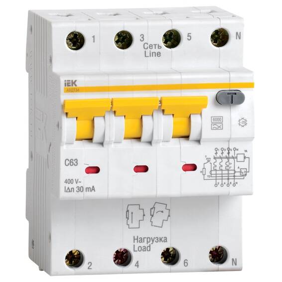 Дифавтомат IEK АВДТ 34 3P+N 50А (C) 6 кА, 100 мА ( A ), MAD22-6-050-C-100