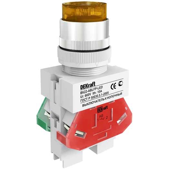 Выкл. кноп. ABLFP ?22 мм Цвет:ЖЕЛТЫЙ LED 220В ВK-22 DEKraft