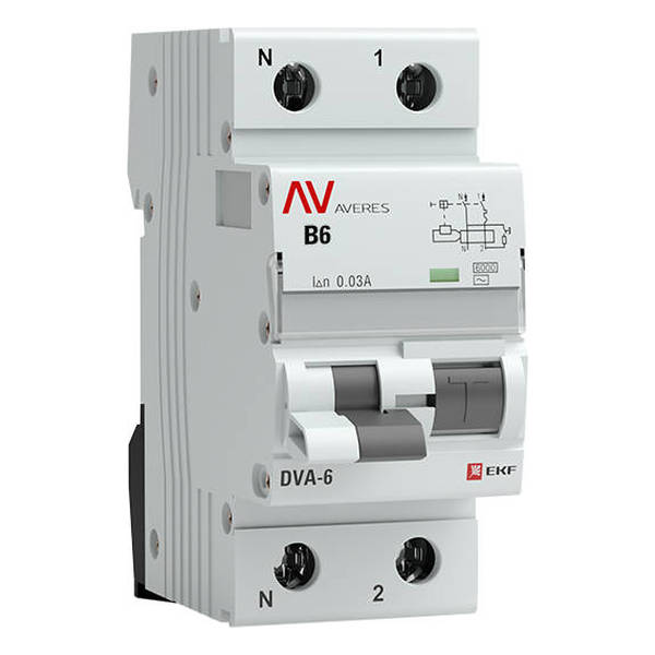 Дифавтомат EKF AVERES 1P+N 6А (B) 6 кА, 30 мА ( AC ), rcbo6-1pn-6B-30-ac-av