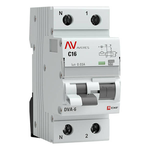 Дифавтомат EKF AVERES 1P+N 16А (C) 6 кА, 30 мА ( A ), rcbo6-1pn-16C-30-a-av