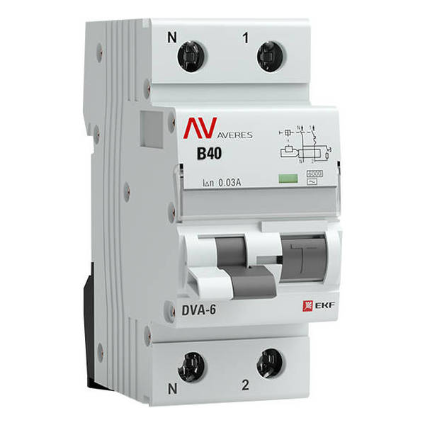 Дифавтомат EKF AVERES 1P+N 40А (C) 6 кА, 30 мА ( AC ), rcbo6-1pn-40C-30-ac-av