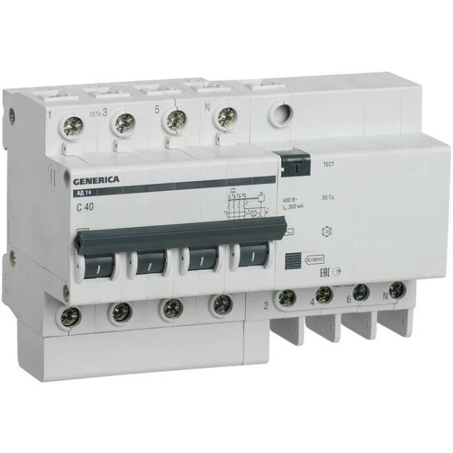 Дифавтомат IEK GENERICA 4P 40А (C) 4.5 кА, 300 мА ( AC ), MAD15-4-040-C-300