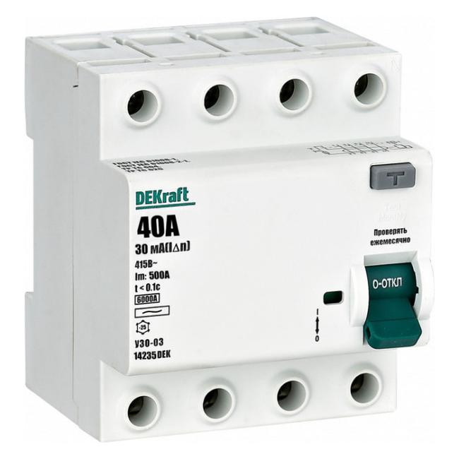УЗО DEKraft УЗО-03 4P 40А 6 кА, 30 мА ( AC ), 14235DEK