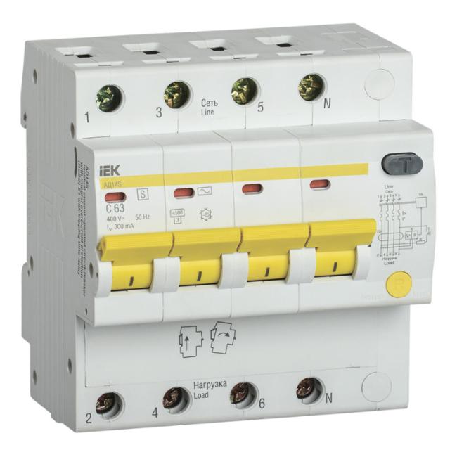 Дифавтомат IEK АД14S 4P 63А (C), 300 мА ( S ), MAD13-4-063-C-300 Дифавтомат IEK АД14S 4P 63А (C), 300 мА ( S ), MAD13-4-063-C-300