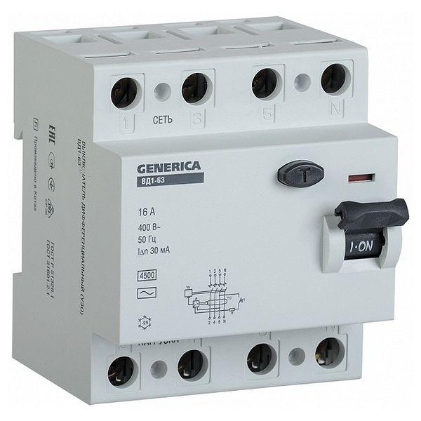 УЗО IEK GENERICA 4P 16А, 30 мА ( AC ), MDV15-4-016-030