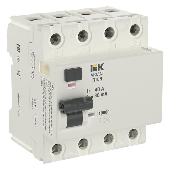 УЗО IEK ARMAT 4P 40А, 30 мА ( A ), AR-R10N-4-040A030 УЗО IEK ARMAT 4P 40А, 30 мА ( A ), AR-R10N-4-040A030