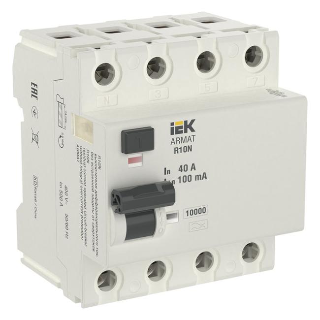 УЗО IEK ARMAT 4P 40А, 100 мА ( A ), AR-R10N-4-040A100 УЗО IEK ARMAT 4P 40А, 100 мА ( A ), AR-R10N-4-040A100