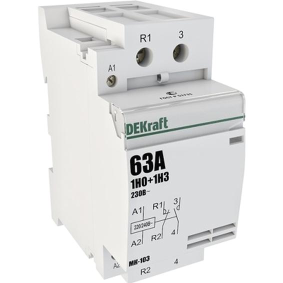 Модульный контактор DEKraft МК-103 1НО+1НЗ 63А 230В AC, 18086DEK Модульный контактор DEKraft МК-103 1НО+1НЗ 63А 230В AC, 18086DEK