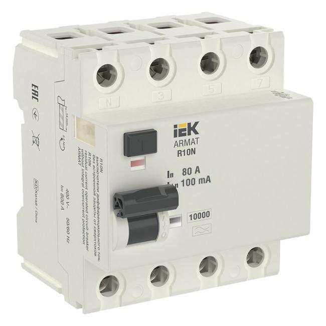 УЗО IEK ARMAT 4P 100А, 100 мА ( A ), AR-R10N-4-100A100 УЗО IEK ARMAT 4P 100А, 100 мА ( A ), AR-R10N-4-100A100