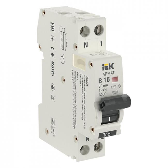 Дифавтомат IEK ARMAT 1P+N 16А (B) 6 кА, ( AC ), AR-B06S-1N-B16C030 Дифавтомат IEK ARMAT 1P+N 16А (B) 6 кА, ( AC ), AR-B06S-1N-B16C030