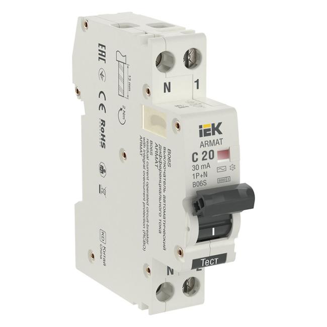 Дифавтомат IEK ARMAT 1P+N 20А (C) 6 кА, ( AC ), AR-B06S-1N-C20C030 Дифавтомат IEK ARMAT 1P+N 20А (C) 6 кА, ( AC ), AR-B06S-1N-C20C030